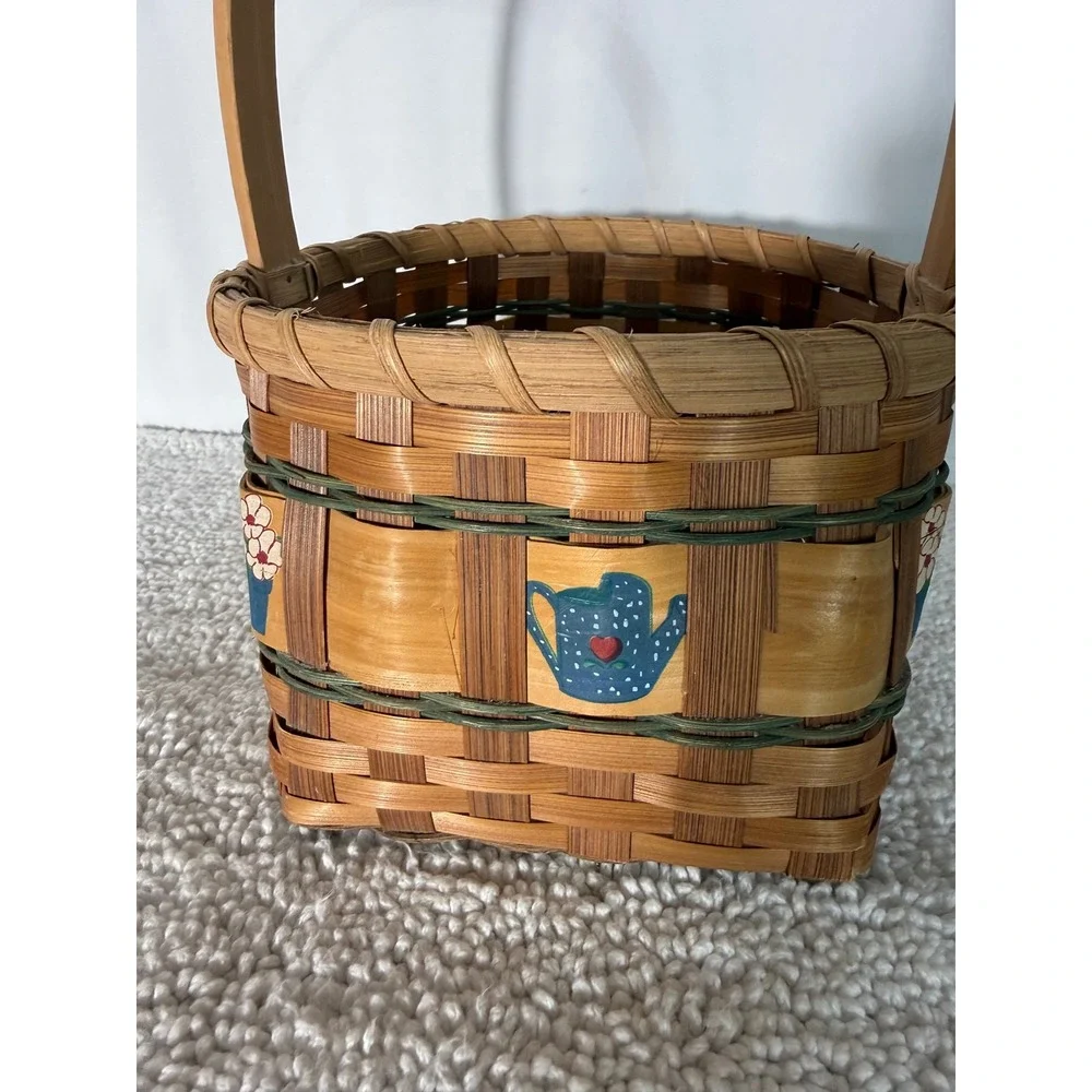 Vintage Hand Painted Woven Wood Basket Country Garden Watering Can Decor‎